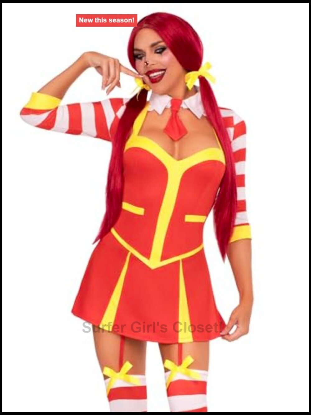Sexy Ketchup Clown Costume Garter Dress with Thigh Highs, Collared Shrug & Hair - Picture 3 of 5